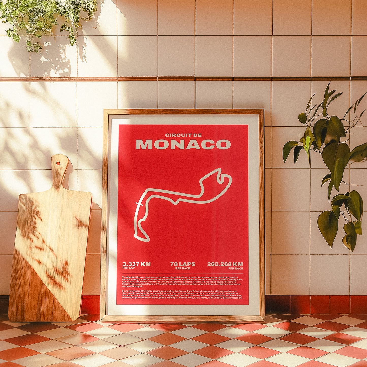 Formula 1 poster of Circuit de Monaco track and grand prix, featuring a bold red design with a minimalist white outline of the famous Formula 1 track layout. Midcentury modern wall art poster.