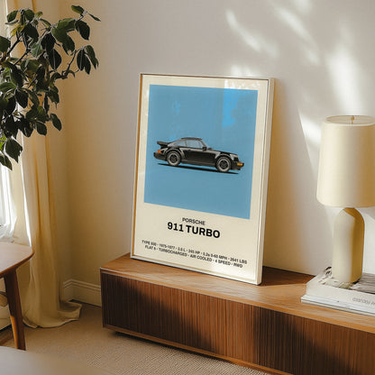 PORSCHE 911 TURBO (930) car poster, midcentury modern design. Illustrative black car on blue background, retro minimal vibe.