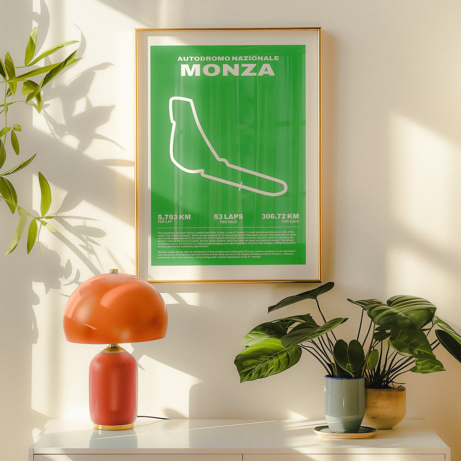 Formula 1 poster of Autodromo Nazionale Monza track and grand prix, featuring a vibrant green background with a minimalist white outline of the iconic F1 track layout. Midcentury modern space wall art poster.