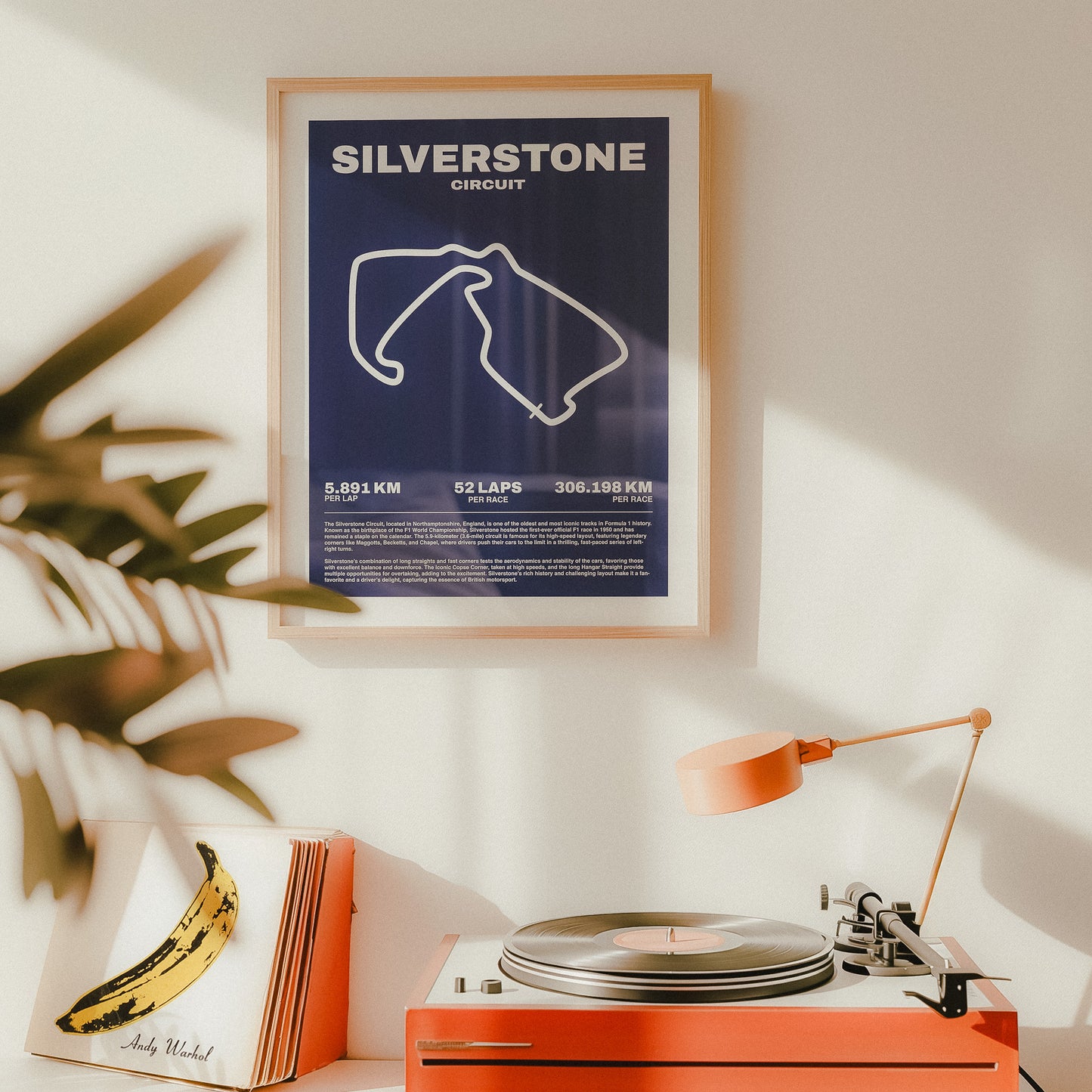 Formula 1 poster of Silverstone Circuit track and grand prix, featuring a deep navy background with a minimalist white outline of the historic Formula 1 track layout. Midcentury modern/minimal vibe.