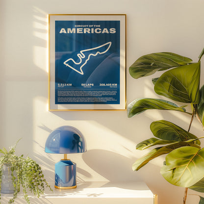 Formula 1 poster of Circuit of the Americas track, showcasing a bold blue background with a minimalist white outline of the iconic F1 track layout. Midcentury modern wall art poster.