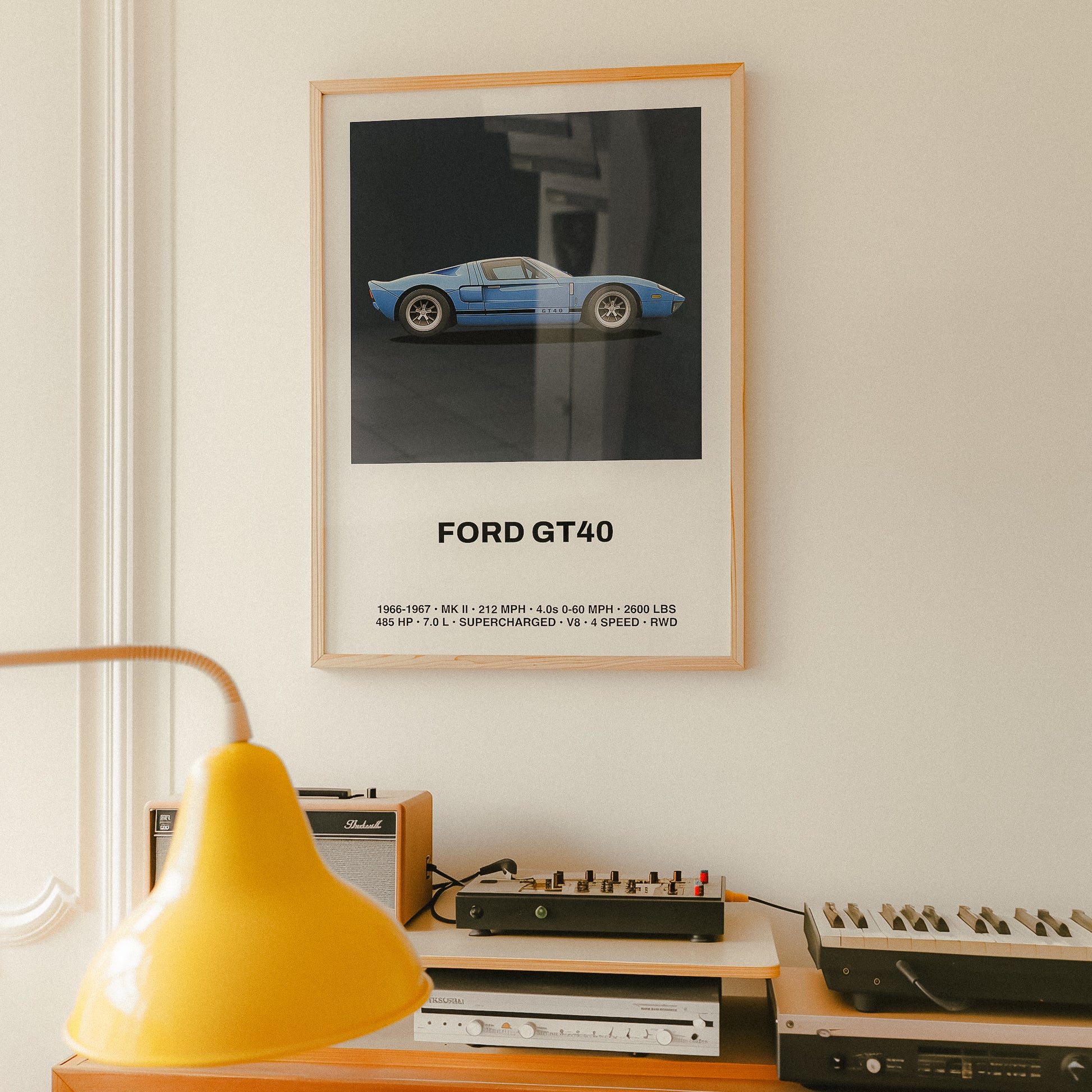 Ford GT40 car poster wall art with specs in a minimal illustrative design. Automotive wall art decor in a midcentury modern space.