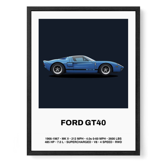 Ford GT40 car poster wall art in a high-quality oak wood frame with tempered glass; fine art framed print featuring the classic Ford GT40 in vibrant detail. Automotive decor for car enthusiasts, vintage car collectors, and anyone seeking iconic racing art for home or office spaces.