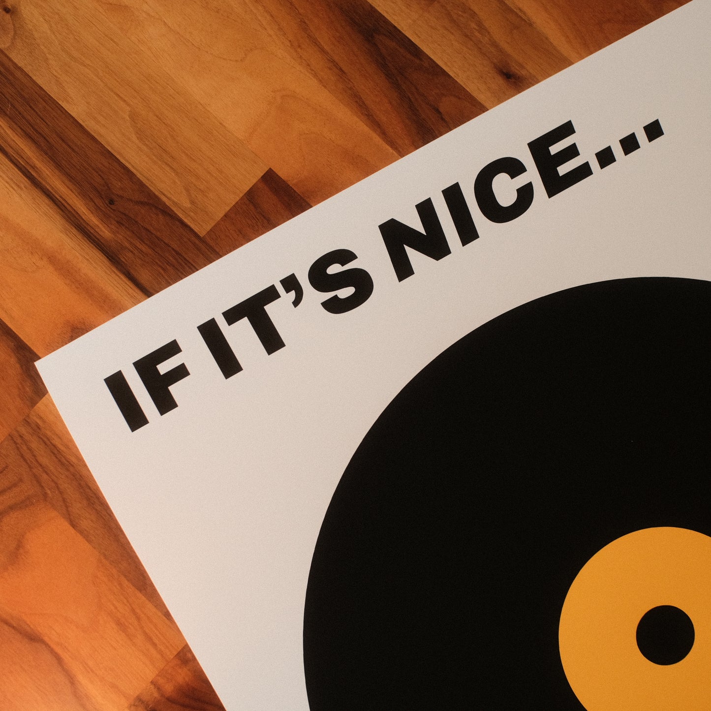 Typography music poster featuring a bold black vinyl record design with a yellow label, accompanied by the phrase 'IF IT'S NICE... PLAY IT TWICE!' in striking black font. Midcentury modern themed wall art.