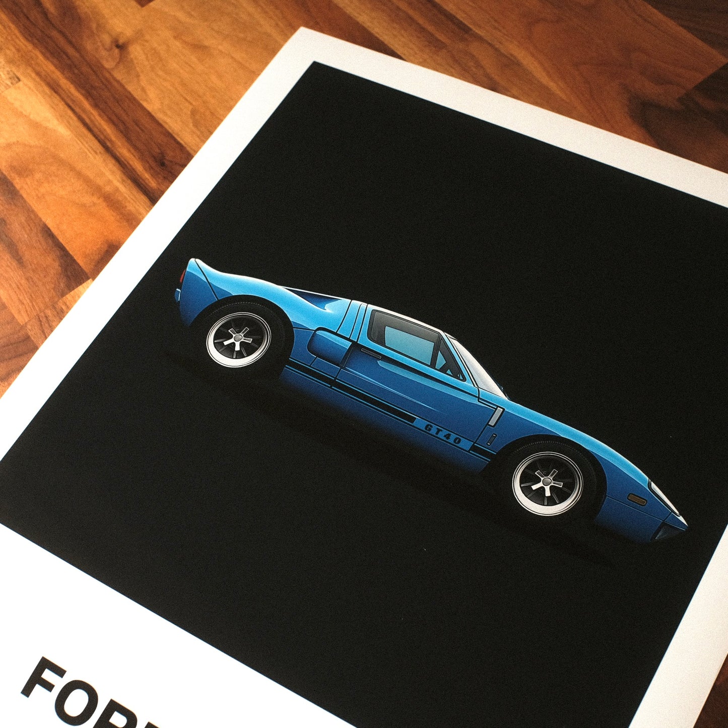 Ford GT40 car poster wall art with specs in a minimal illustrative design. Automotive wall art decor in a midcentury modern space.