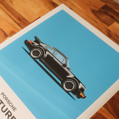 PORSCHE 911 TURBO (930) car poster, midcentury modern design. Illustrative black car on blue background, retro minimal vibe.