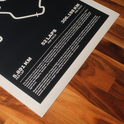 Formula 1 poster of Silverstone Circuit track and grand prix, featuring a deep navy background with a minimalist white outline of the historic Formula 1 track layout. Midcentury modern/minimal vibe.