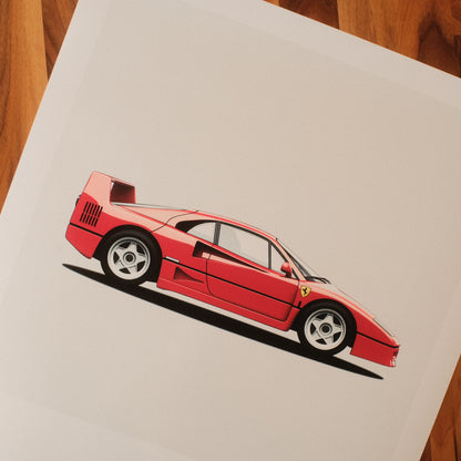 Car poster illustration of the Ferrari F40 in side profile, showcasing the iconic red supercar against a light gray background. This fine art wall print highlights Ferrari’s classic design elements, including the rear spoiler, side vents, and aerodynamic lines. 