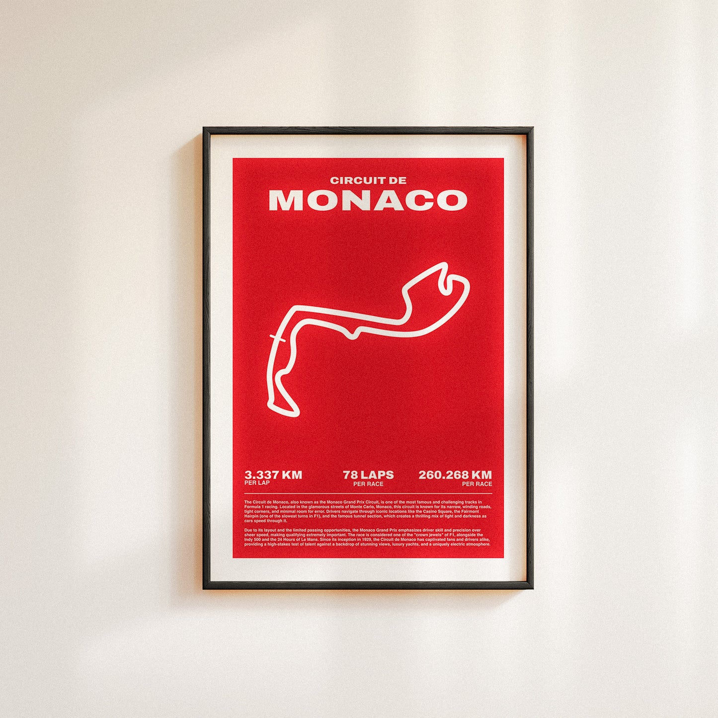 Formula 1 poster of Circuit de Monaco track and grand prix, featuring a bold red design with a minimalist white outline of the famous Formula 1 track layout. Midcentury modern wall art poster.