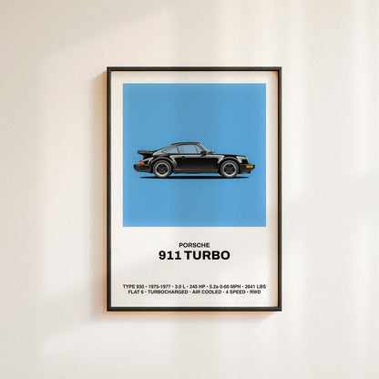 PORSCHE 911 TURBO (930) car poster, midcentury modern design. Illustrative black car on blue background, retro minimal vibe.