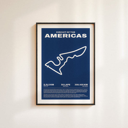 Formula 1 poster of Circuit of the Americas track, showcasing a bold blue background with a minimalist white outline of the iconic F1 track layout. Midcentury modern wall art poster.