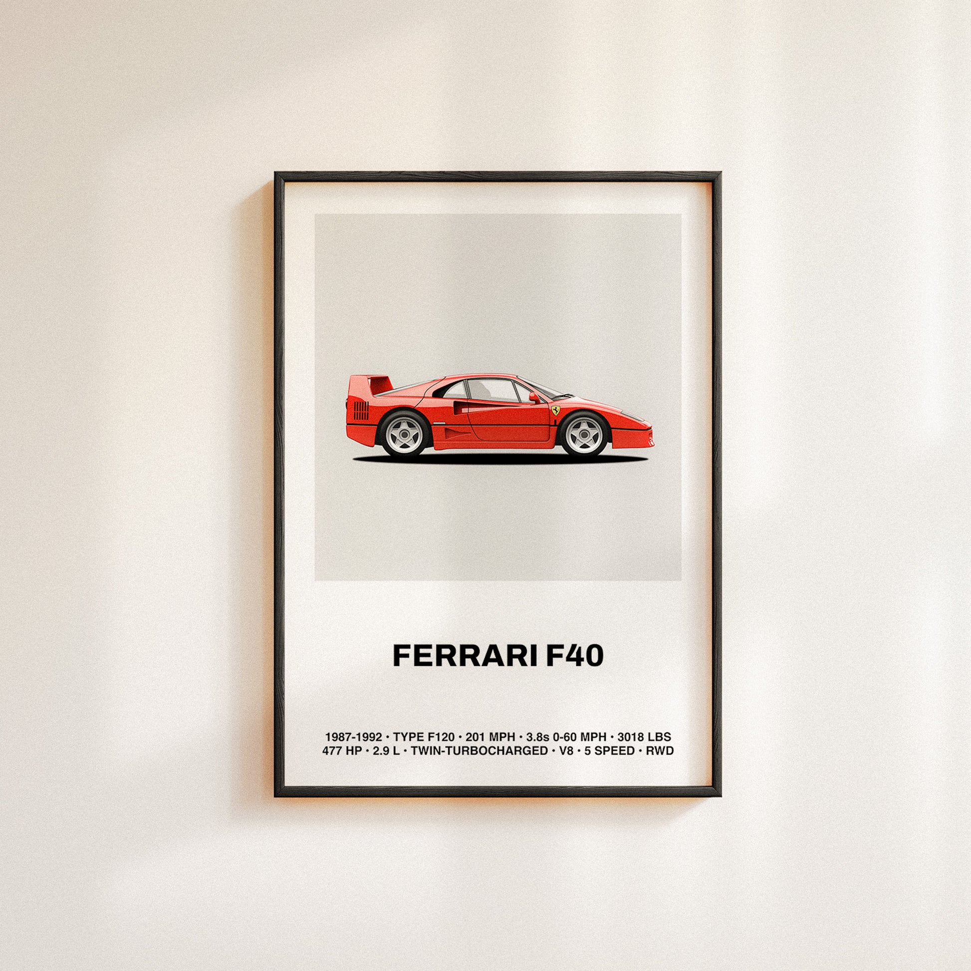 Framed poster illustration of the Ferrari F40 in side profile, showcasing the iconic red supercar against a light gray background. This fine art wall print highlights Ferrari’s classic design elements, including the rear spoiler, side vents, and aerodynamic lines. Perfect as a minimalist automotive poster or wall art for car enthusiasts, featuring F40 specifications and a stylish aesthetic ideal for collectors and fans of luxury cars.