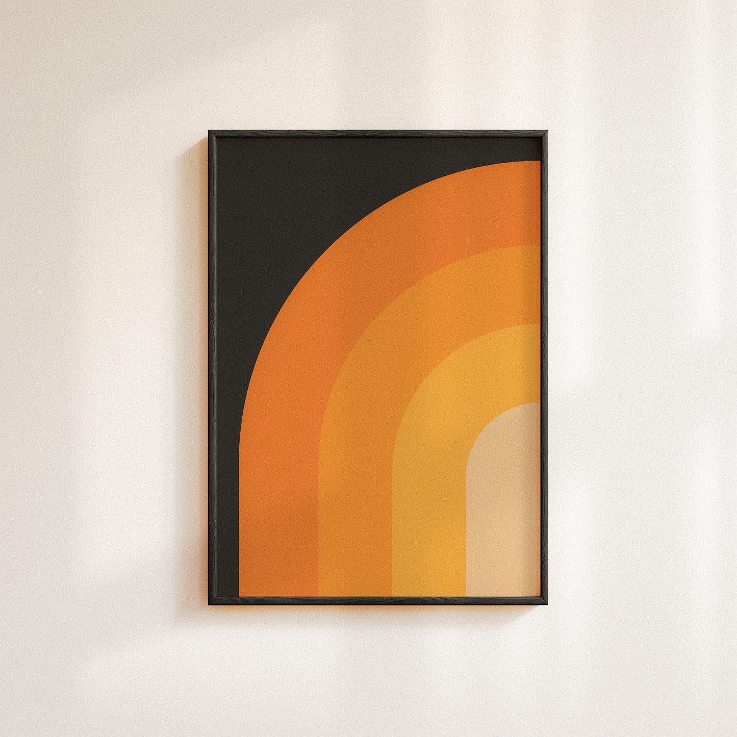 Minimal poster with warm retro and vintage sunset colors on a black background. Inspired by midcentury modern design.