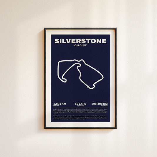 Formula 1 poster of Silverstone Circuit track and grand prix, featuring a deep navy background with a minimalist white outline of the historic Formula 1 track layout. Midcentury modern/minimal vibe.