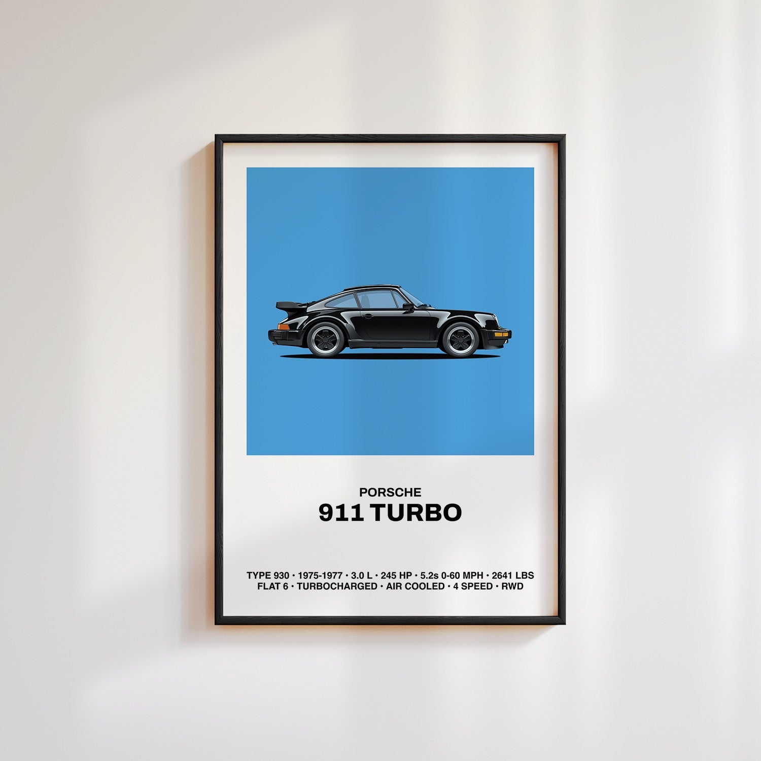 Framed art print of a blue Porsche 911 Turbo (type 930, 1975-1977). The side profile of the car is showcased against a dark background, with performance details listed below: 3.0-liter engine, 245 horsepower, 5.2-second 0-60 mph time, turbocharged, air-cooled, and rear-wheel drive. The print also highlights the car's flat-6 engine and classic design.