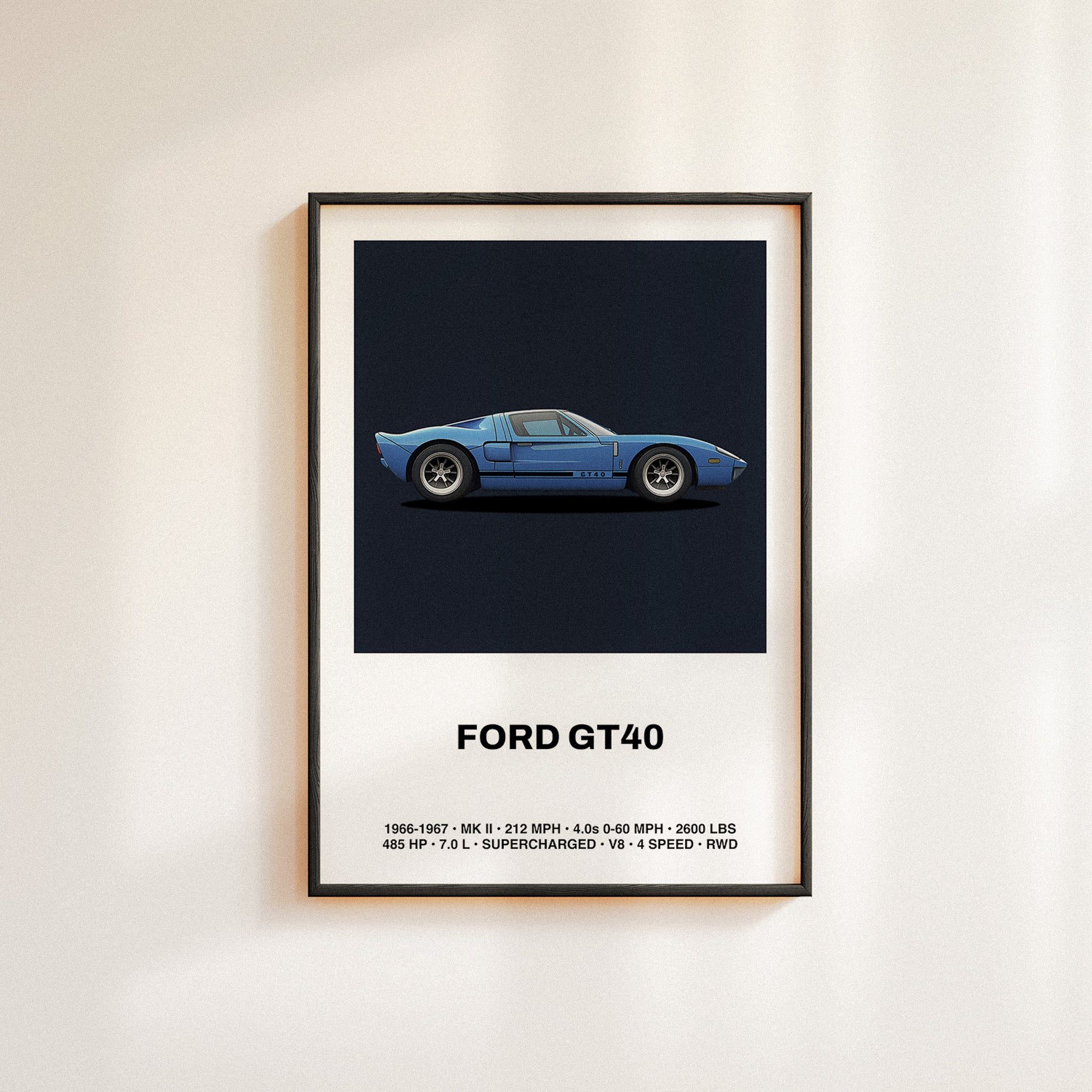 Ford GT40 car poster wall art with specs in a minimal illustrative design. Automotive wall art decor in a midcentury modern space.