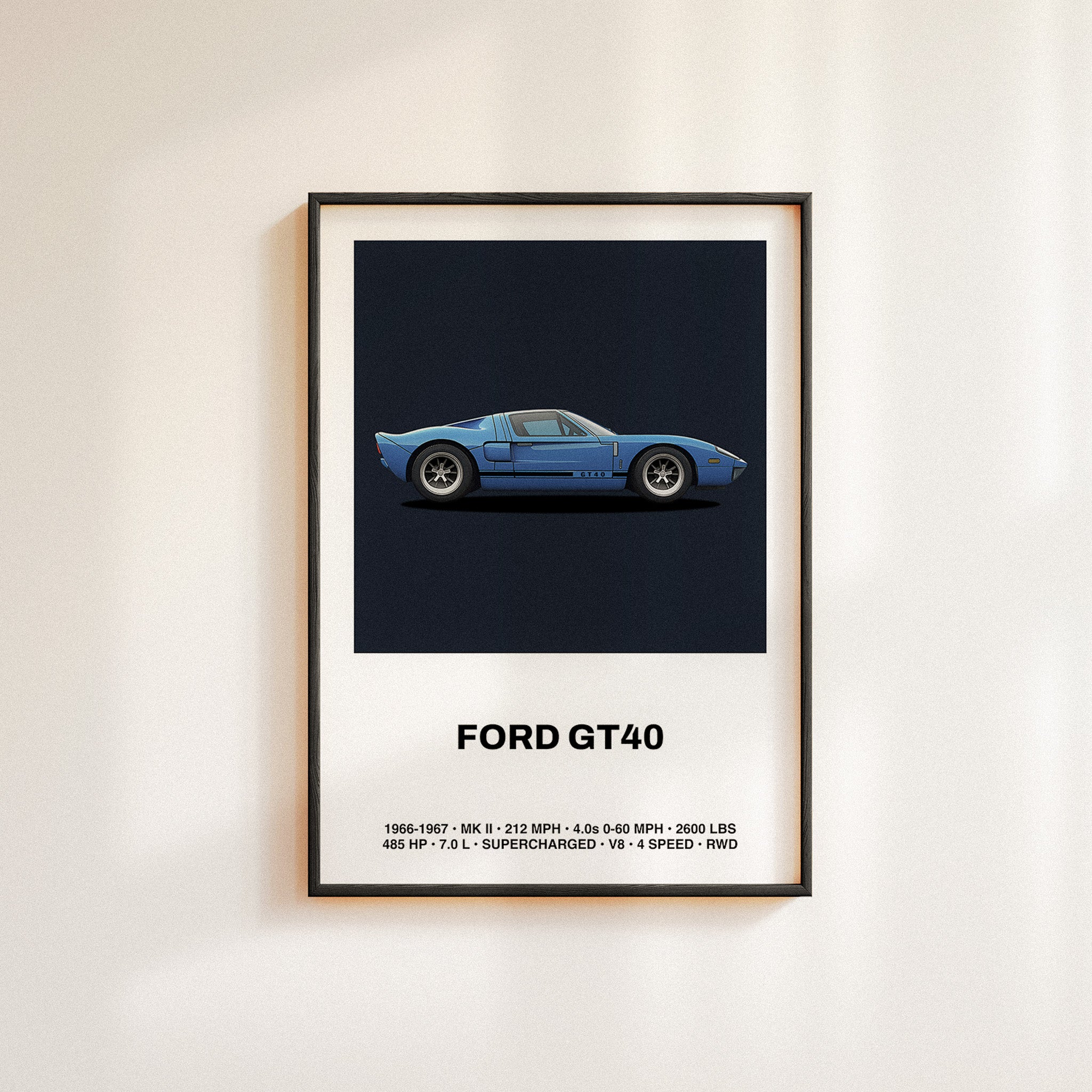 Ford GT40 car poster wall art with specs in a minimal illustrative design. Automotive wall art decor in a midcentury modern space.