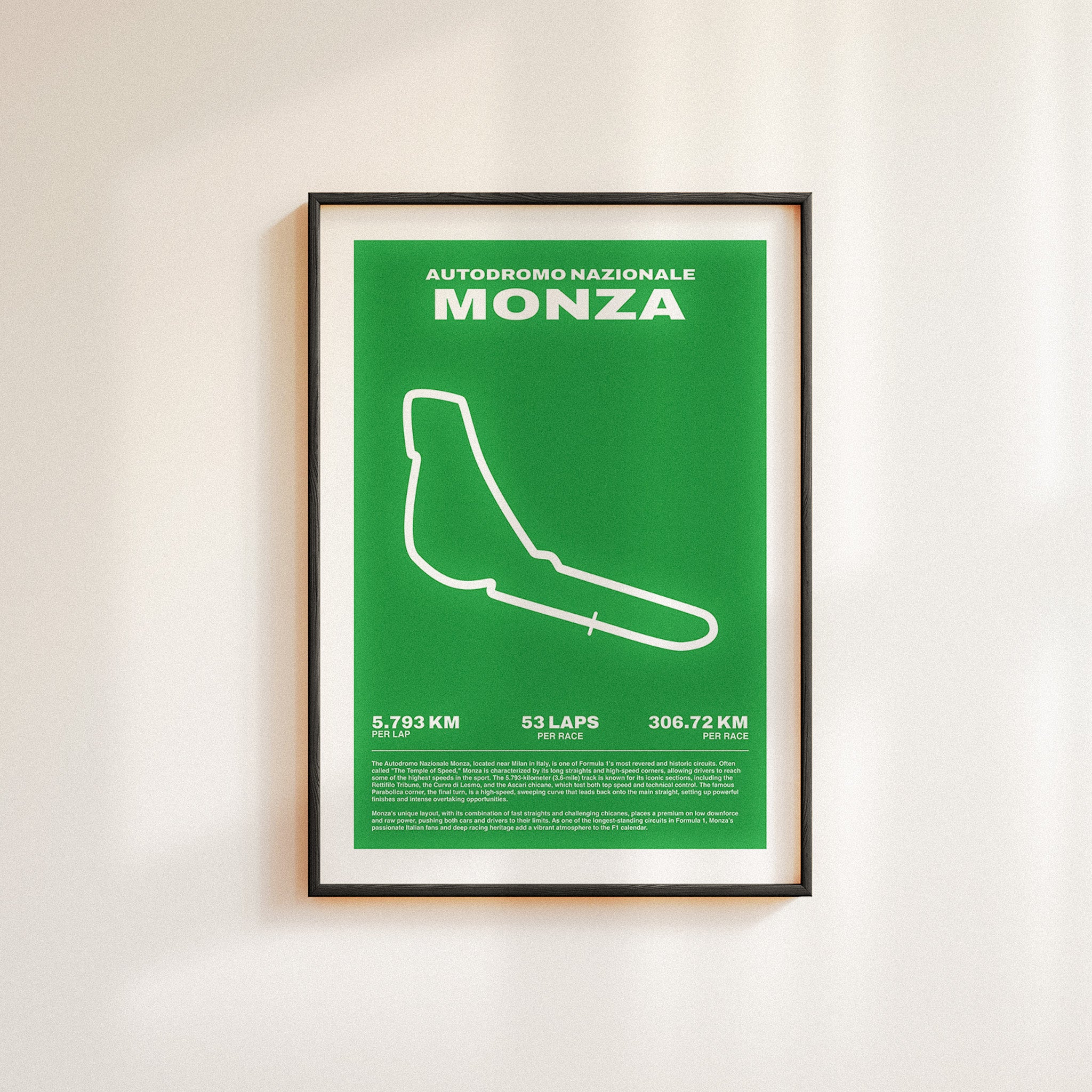 Formula 1 poster of Autodromo Nazionale Monza track and grand prix, featuring a vibrant green background with a minimalist white outline of the iconic F1 track layout. Midcentury modern space wall art poster.