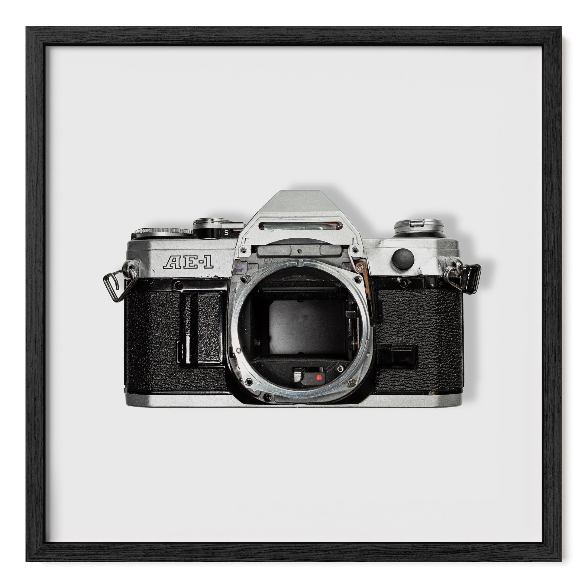 Canon AE-1 analog film camera photograph print wall art. Framed in oak, fine art photo print.