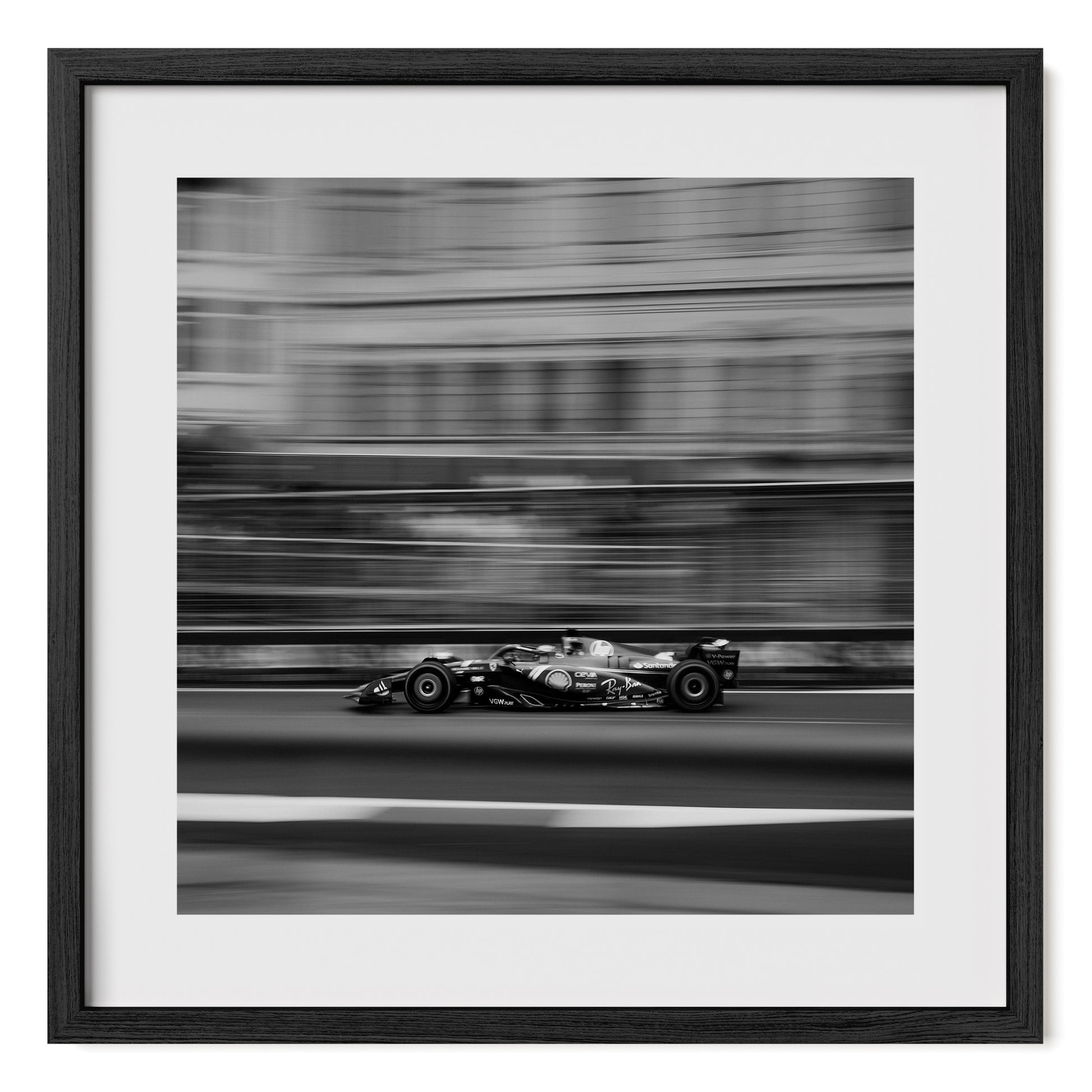 Black and white Formula 1 framed fine art photo print of Charles Leclerc in Ferrari F1 racing car at the 2024 Azerbaijan Grand Prix.