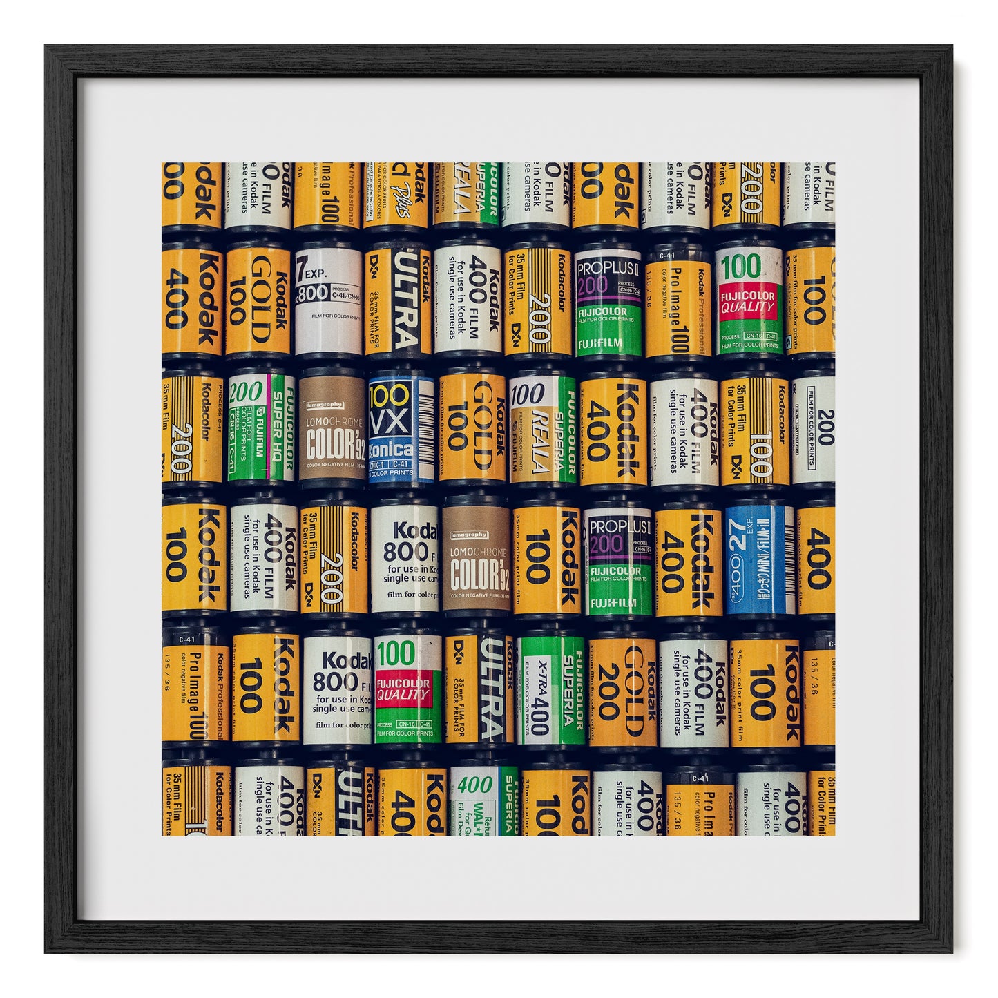 Kodak, Fujifilm, and lomography vintage film stocks photograph print wall art. Framed in oak and tempered glass. Fine art photo print by Airdusk.