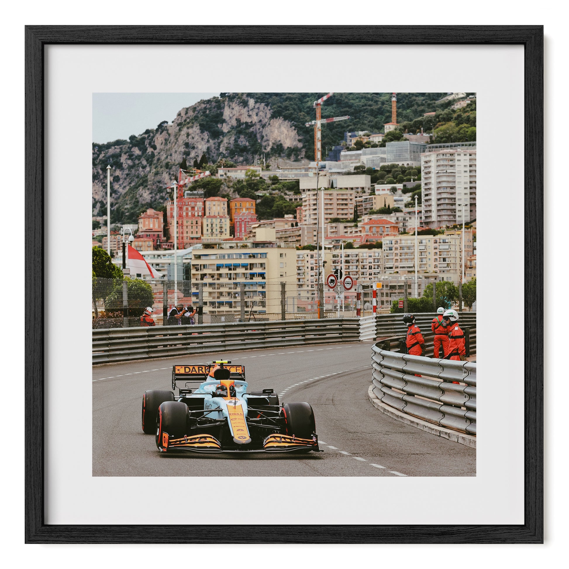 Formula 1 framed fine art photo print of Lando Norris in McLaren “GULF” livery F1 racing car at the 2021 Monaco Grand Prix.