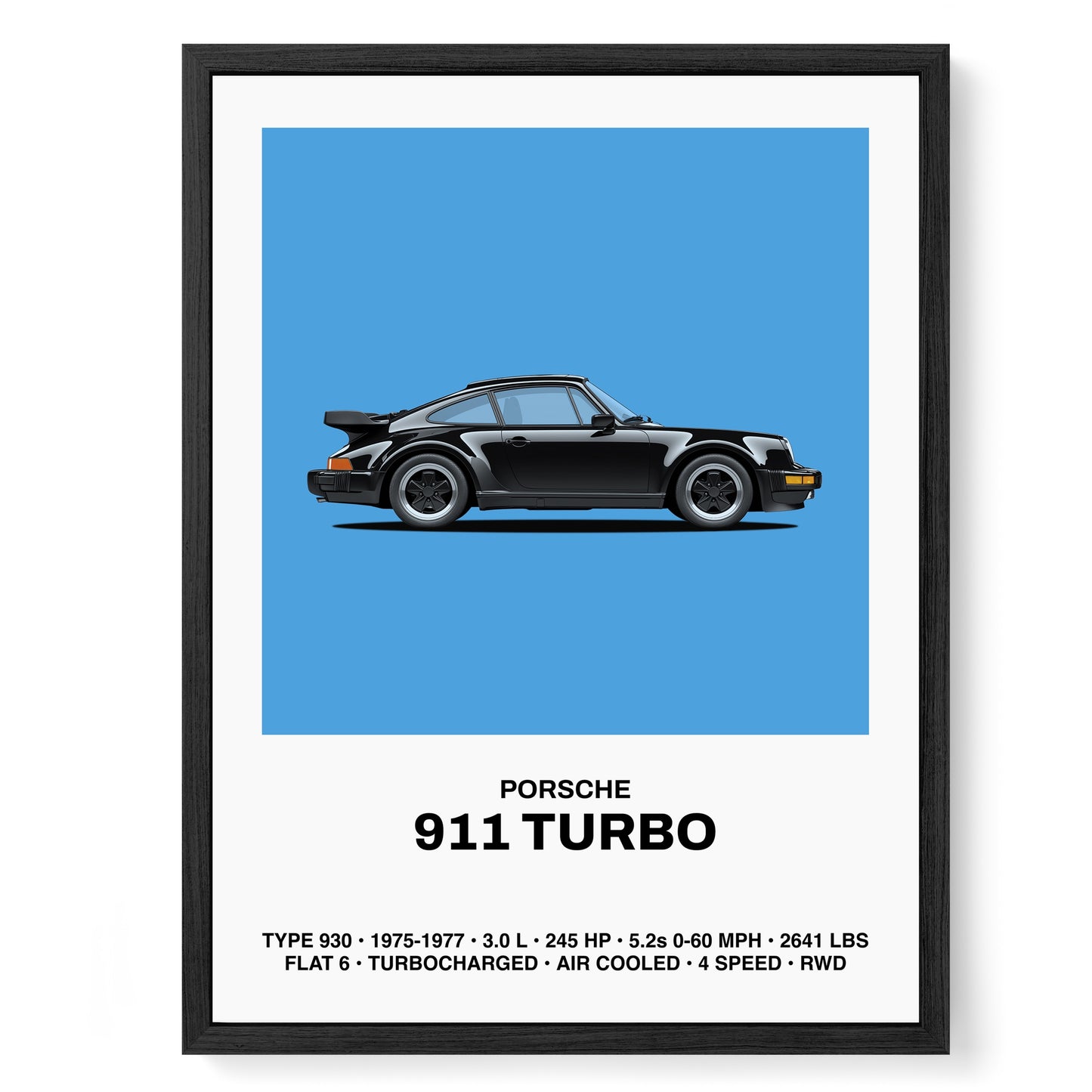 Framed art print of a blue Porsche 911 Turbo (type 930, 1975-1977). The side profile of the car is showcased against a dark background, with performance details listed below: 3.0-liter engine, 245 horsepower, 5.2-second 0-60 mph time, turbocharged, air-cooled, and rear-wheel drive. The print also highlights the car's flat-6 engine and classic design.