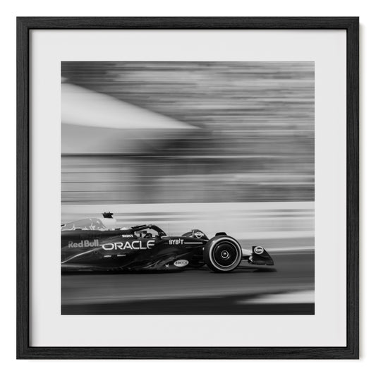 Black and white Formula 1 framed fine art photo print of Max Verstappen in Red Bull F1 racing car at the 2024 Italian Grand Prix.