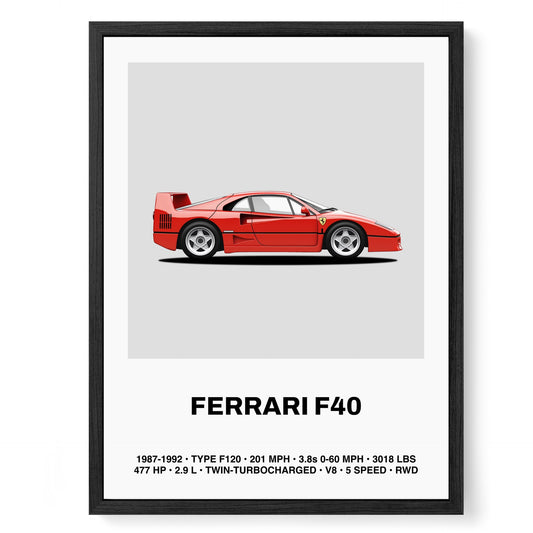 Framed poster illustration of the Ferrari F40 in side profile, showcasing the iconic red supercar against a light gray background. This fine art wall print highlights Ferrari’s classic design elements, including the rear spoiler, side vents, and aerodynamic lines. Perfect as a minimalist automotive poster or wall art for car enthusiasts, featuring F40 specifications and a stylish aesthetic ideal for collectors and fans of luxury cars.