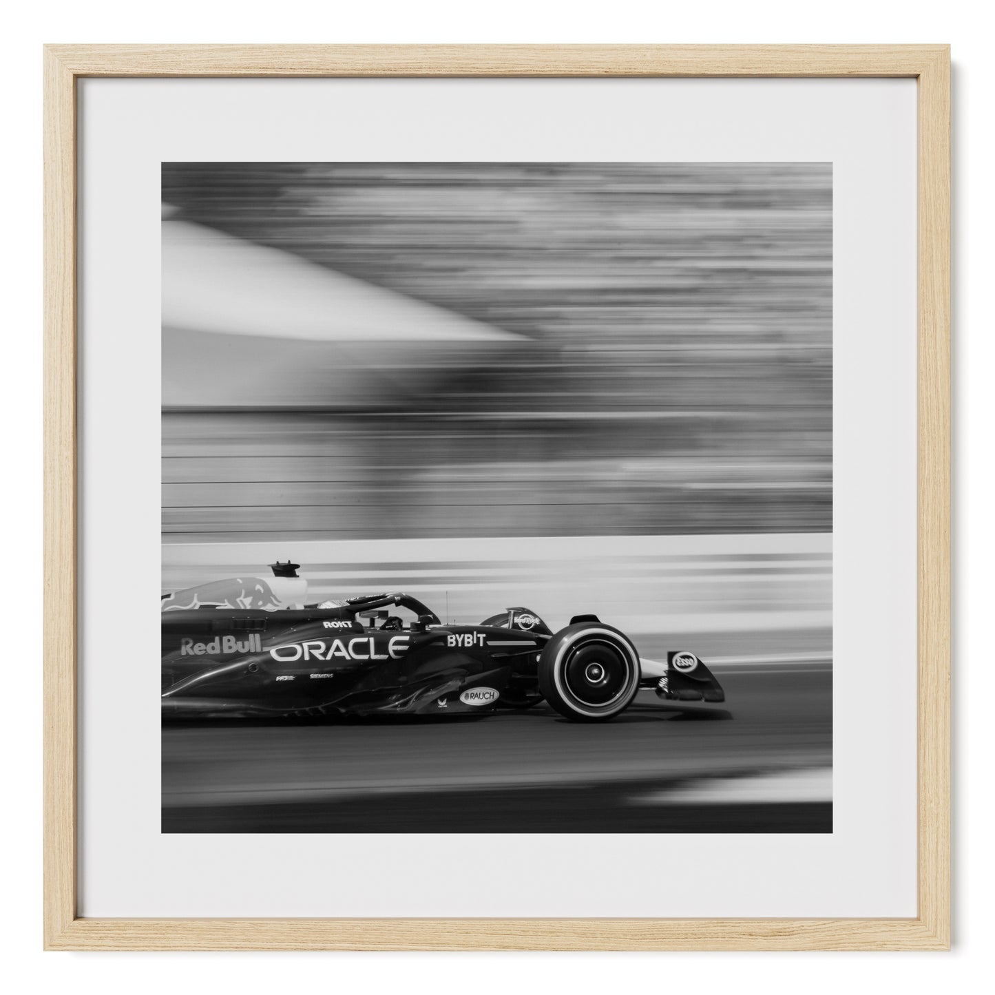 Black and white Formula 1 framed fine art photo print of Max Verstappen in Red Bull F1 racing car at the 2024 Italian Grand Prix.