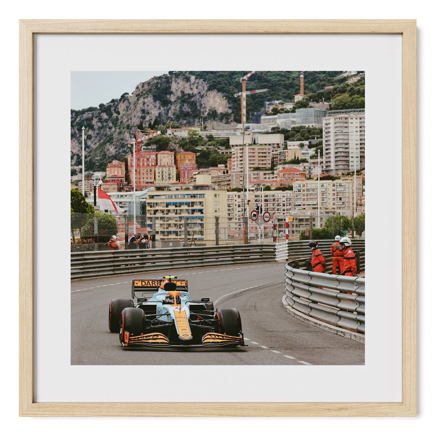 Formula 1 framed fine art photo print of Lando Norris in McLaren “GULF” livery F1 racing car at the 2021 Monaco Grand Prix.