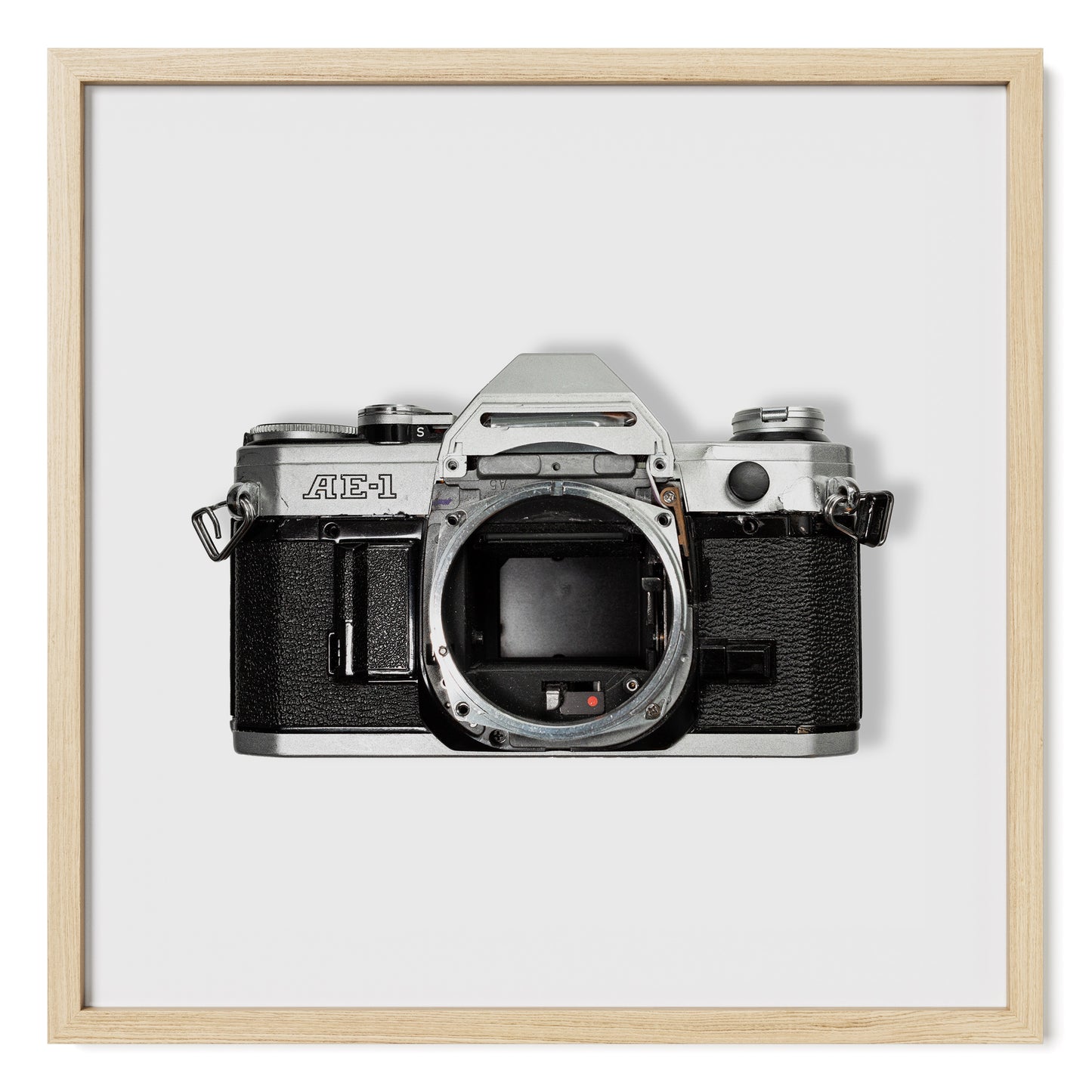 Canon AE-1 analog film camera photograph print wall art. Framed in oak, fine art photo print.