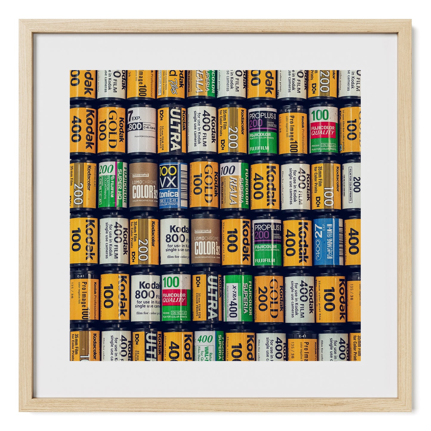 Kodak, Fujifilm, and lomography vintage film stocks photograph print wall art. Framed in oak and tempered glass. Fine art photo print by Airdusk.