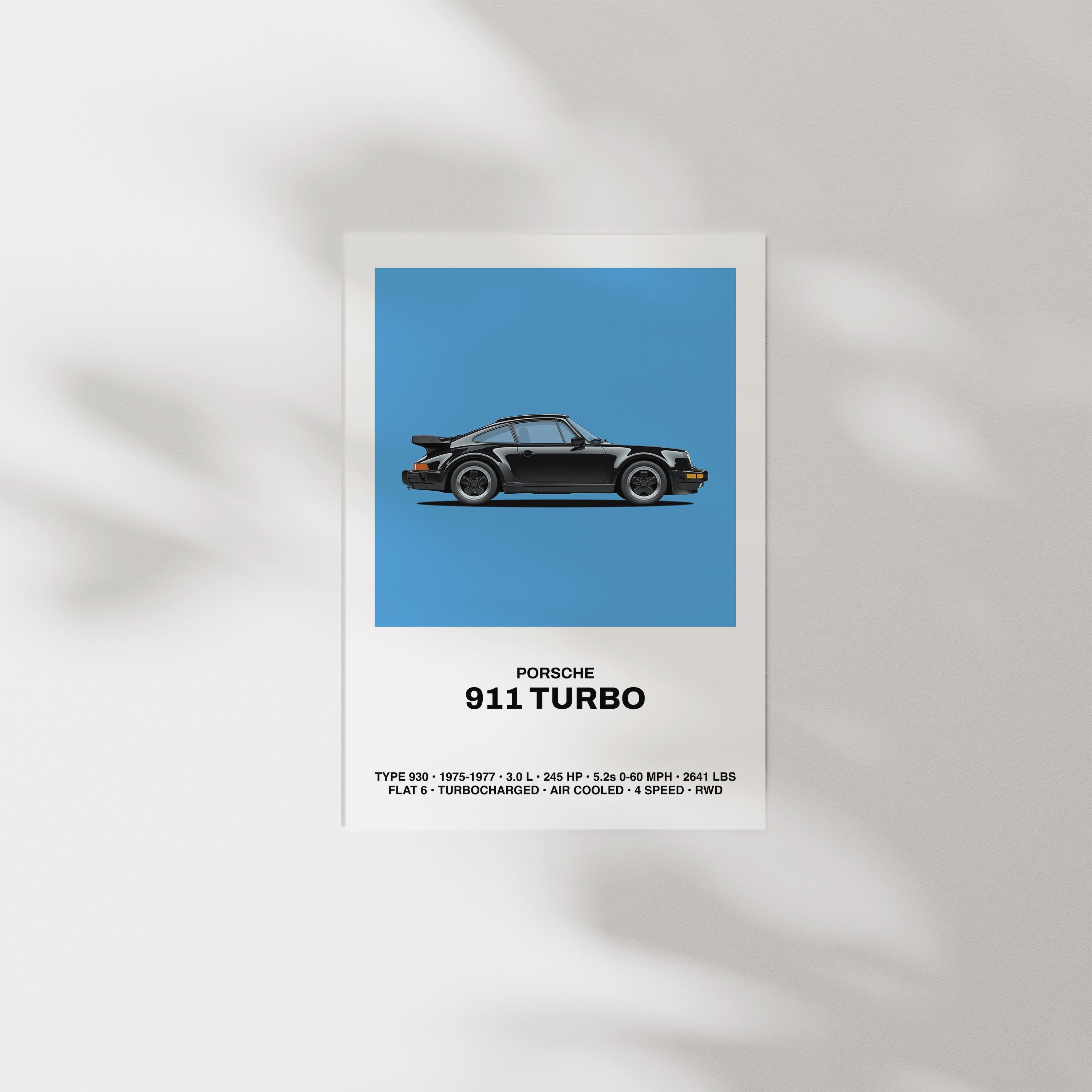 Framed art print of a blue Porsche 911 Turbo (type 930, 1975-1977). The side profile of the car is showcased against a dark background, with performance details listed below: 3.0-liter engine, 245 horsepower, 5.2-second 0-60 mph time, turbocharged, air-cooled, and rear-wheel drive. The print also highlights the car's flat-6 engine and classic design.