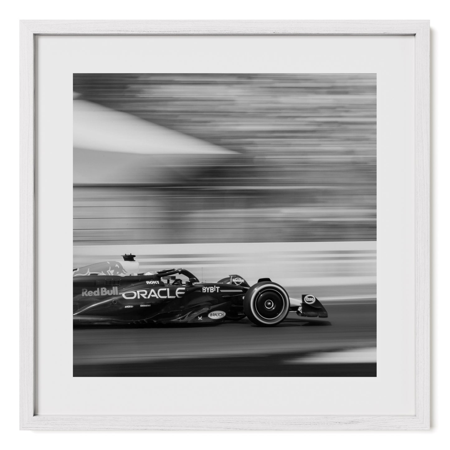 Black and white Formula 1 framed fine art photo print of Max Verstappen in Red Bull F1 racing car at the 2024 Italian Grand Prix.