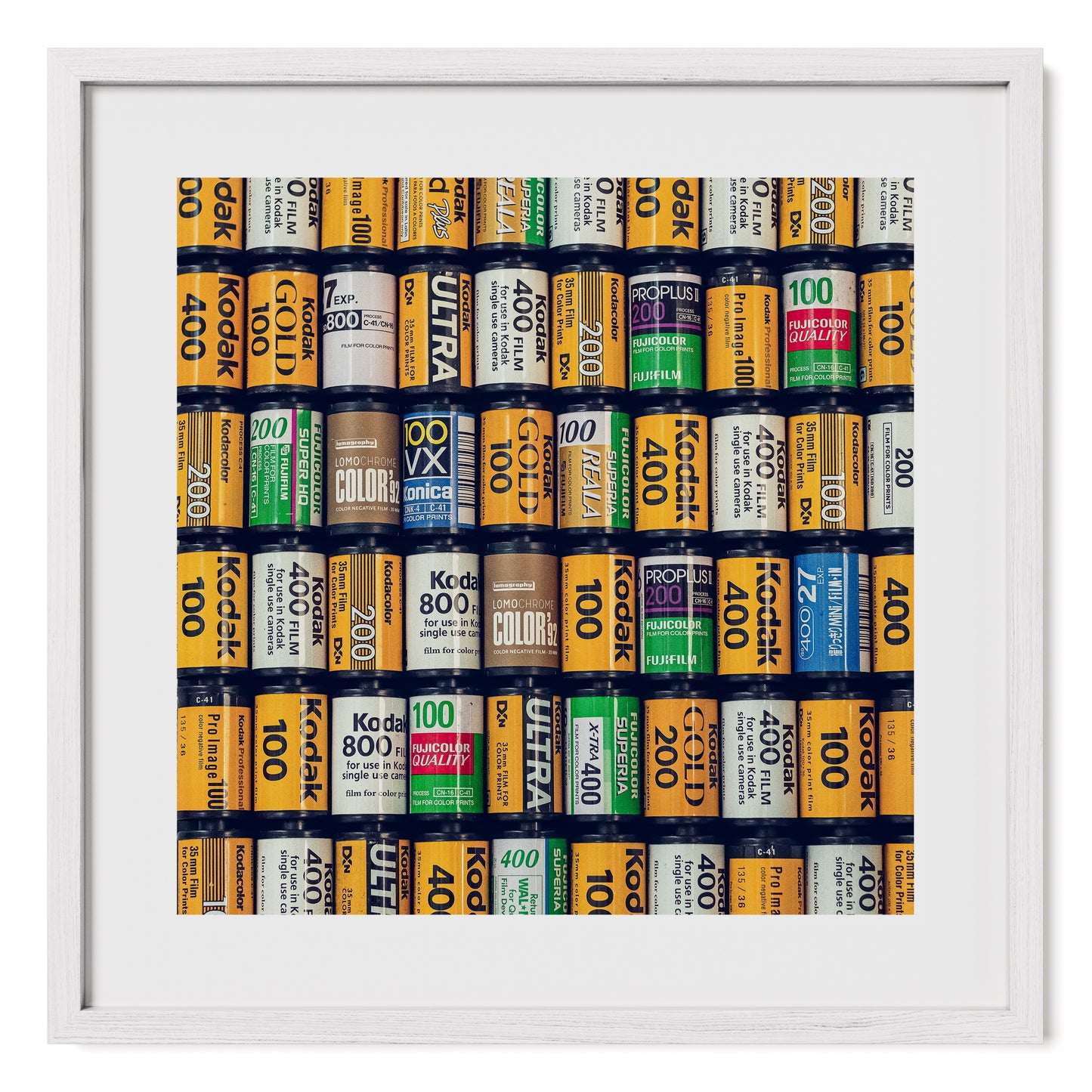 Kodak, Fujifilm, and lomography vintage film stocks photograph print wall art. Framed in oak and tempered glass. Fine art photo print by Airdusk.