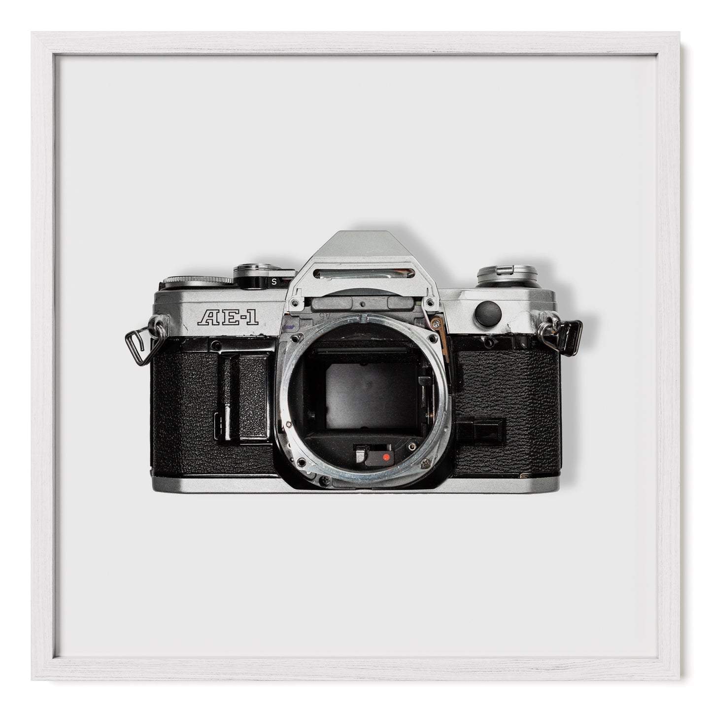 Canon AE-1 analog film camera photograph print wall art. Framed in oak, fine art photo print.