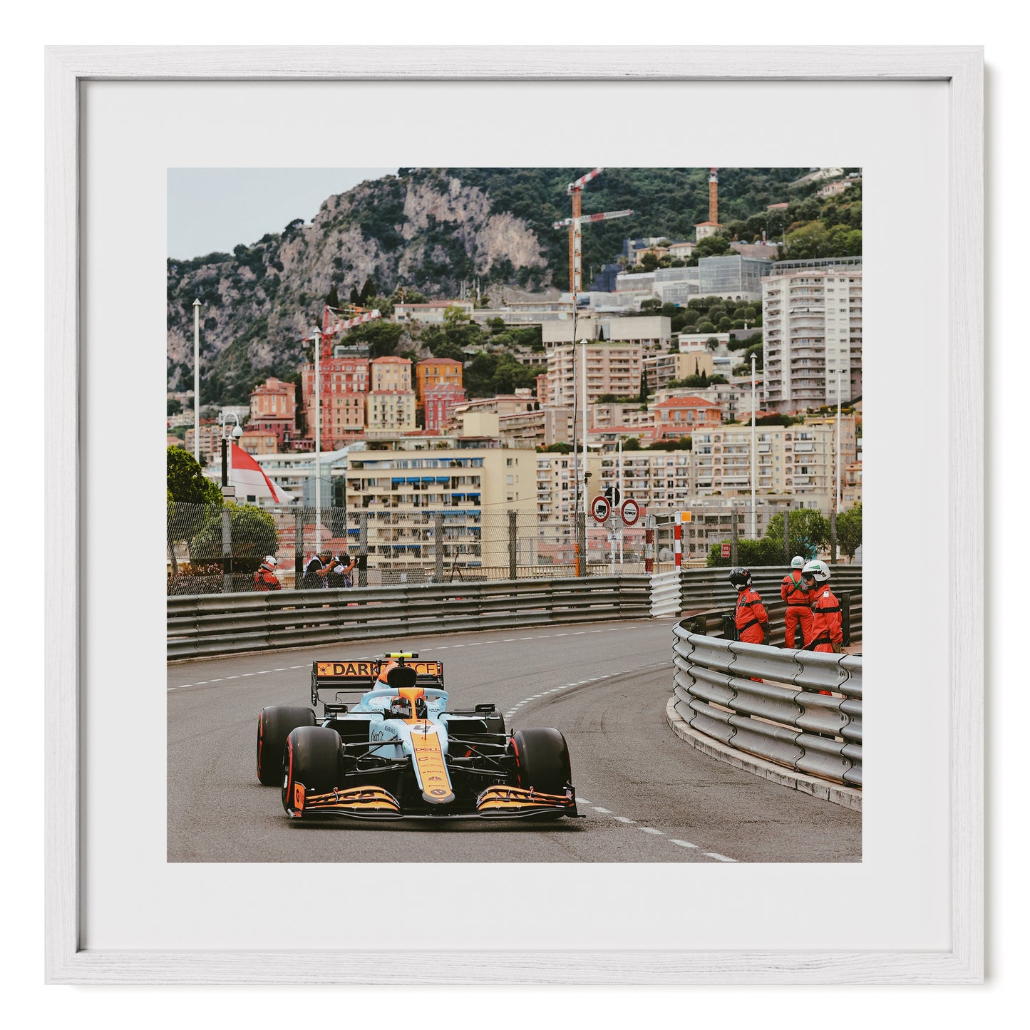 Formula 1 framed fine art photo print of Lando Norris in McLaren “GULF” livery F1 racing car at the 2021 Monaco Grand Prix.