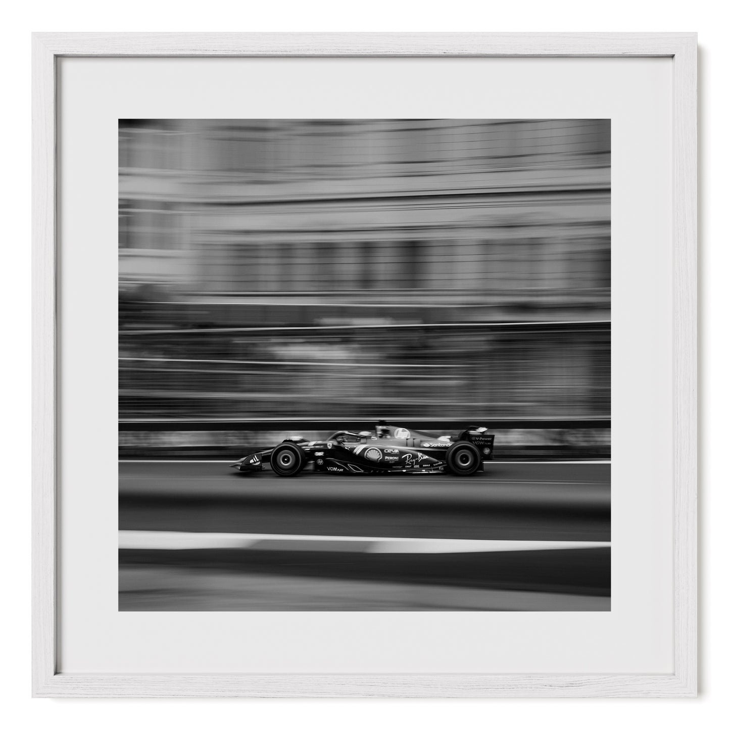 Black and white Formula 1 framed fine art photo print of Charles Leclerc in Ferrari F1 racing car at the 2024 Azerbaijan Grand Prix.